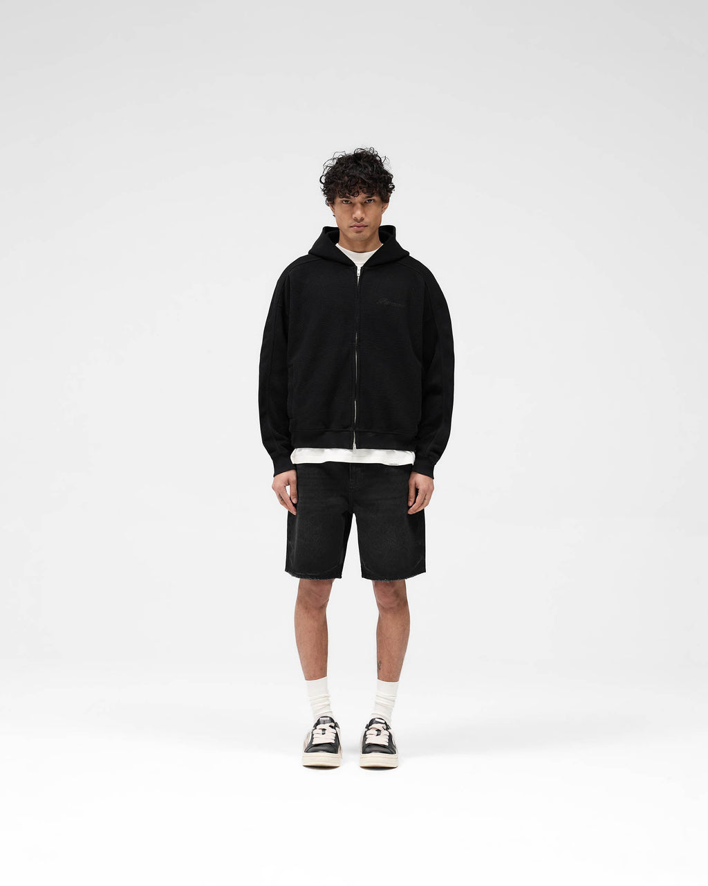 Waffle Zip Through Hoodie - Jet Black
