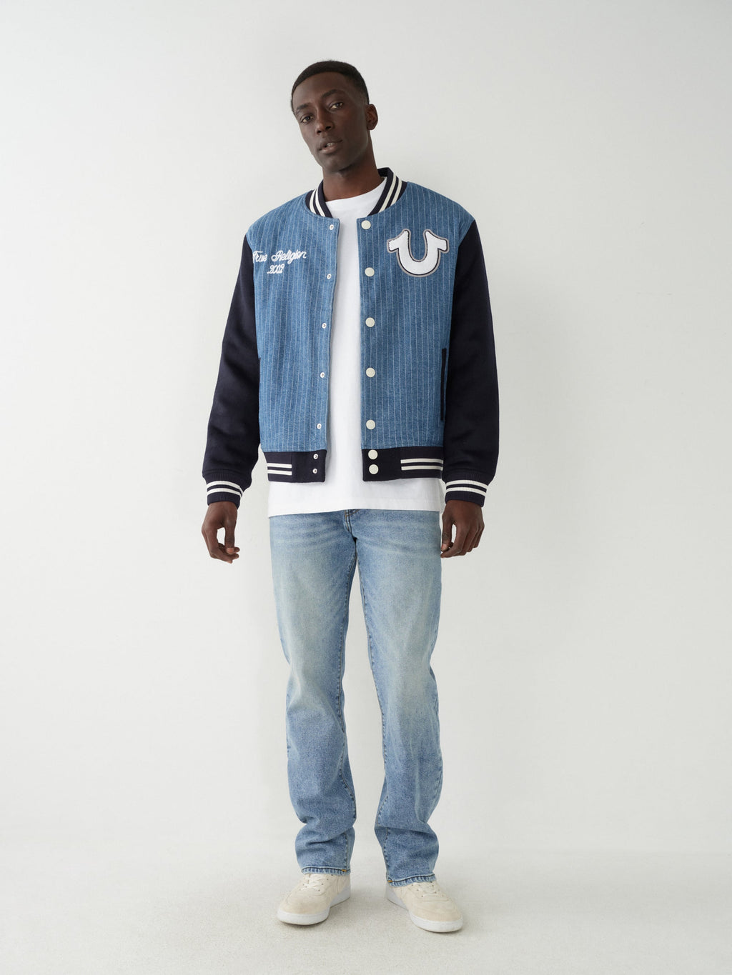 True Religion Jacket Varsity Pinstripe Bomber Dress Blue