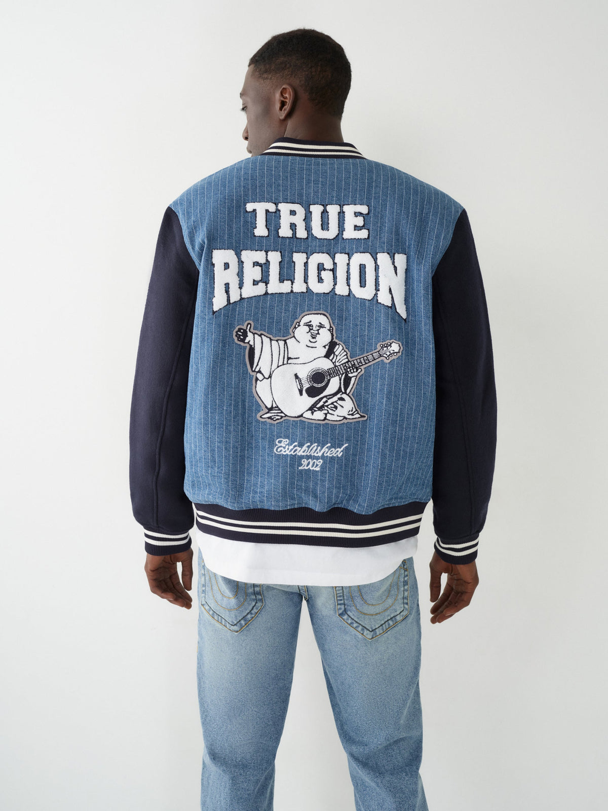 True Religion Jacket Varsity Pinstripe Bomber Dress Blue