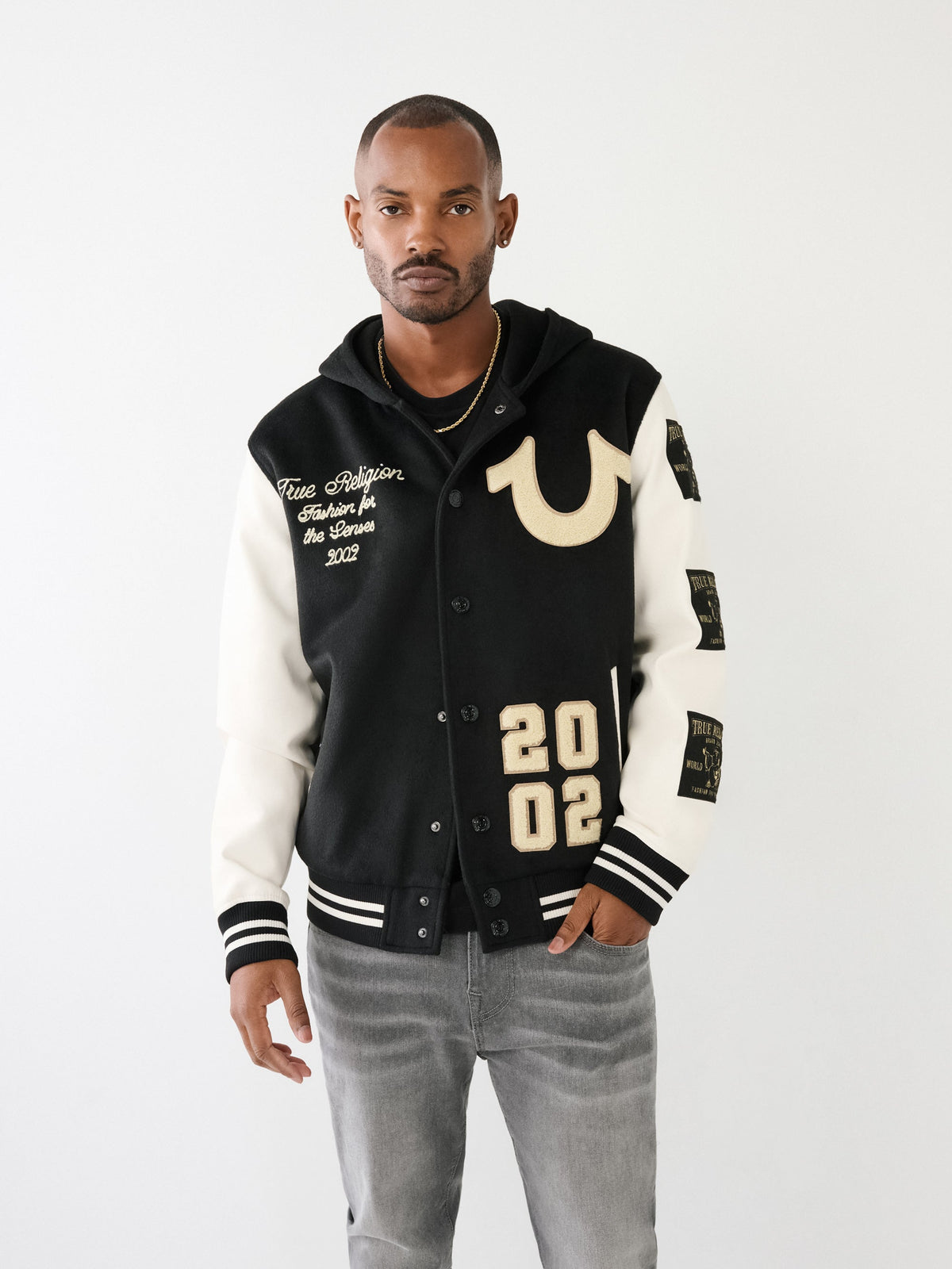True Religion Varsity Jacket Hooded Jet Black-White