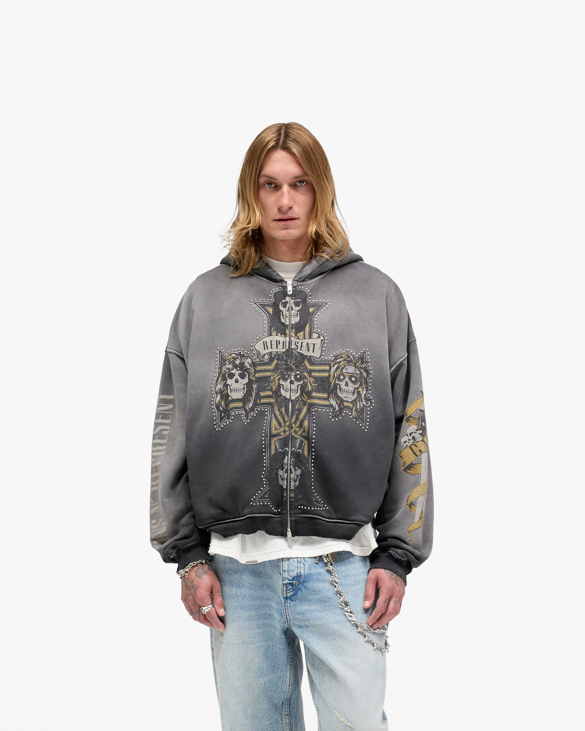 Represent X Guns N' Roses Cross Zip Through Hoodie - Stained Black