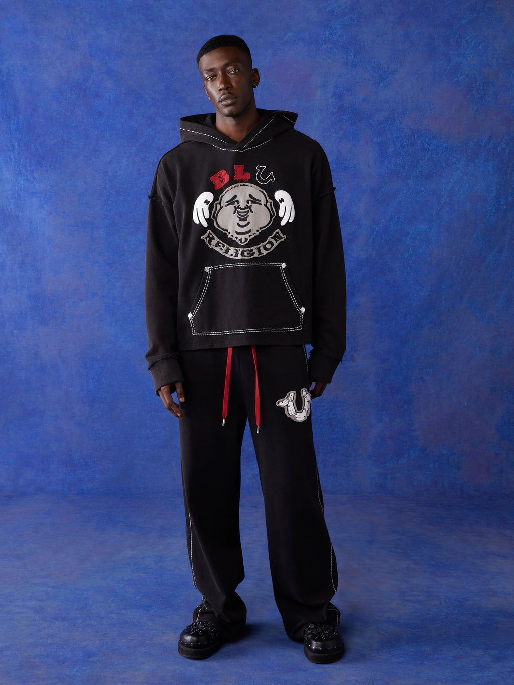 True Religion Blu X Track Pants Wide Leg Faint Black