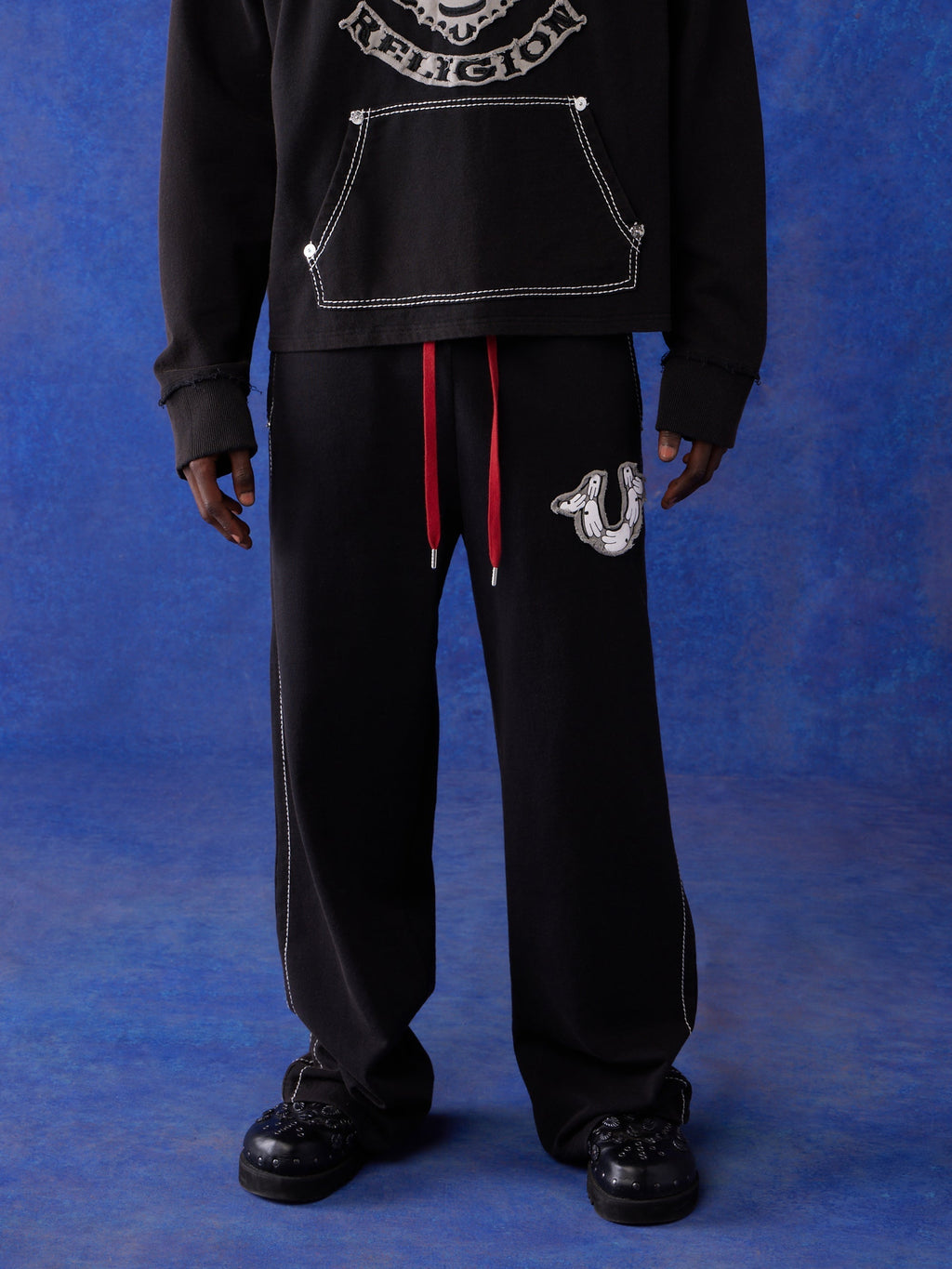 True Religion Blu X Track Pants Wide Leg Faint Black