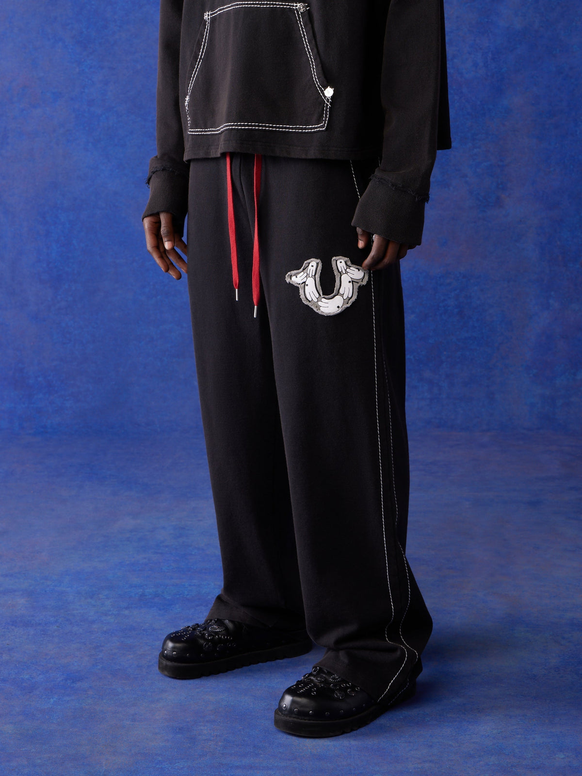 True Religion Blu X Track Pants Wide Leg Faint Black