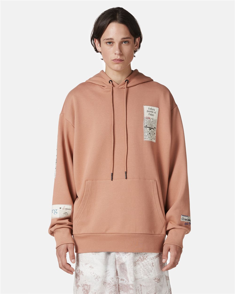 Iceberg Relaxed Fit Cotton Hoodie With Newspaper Print