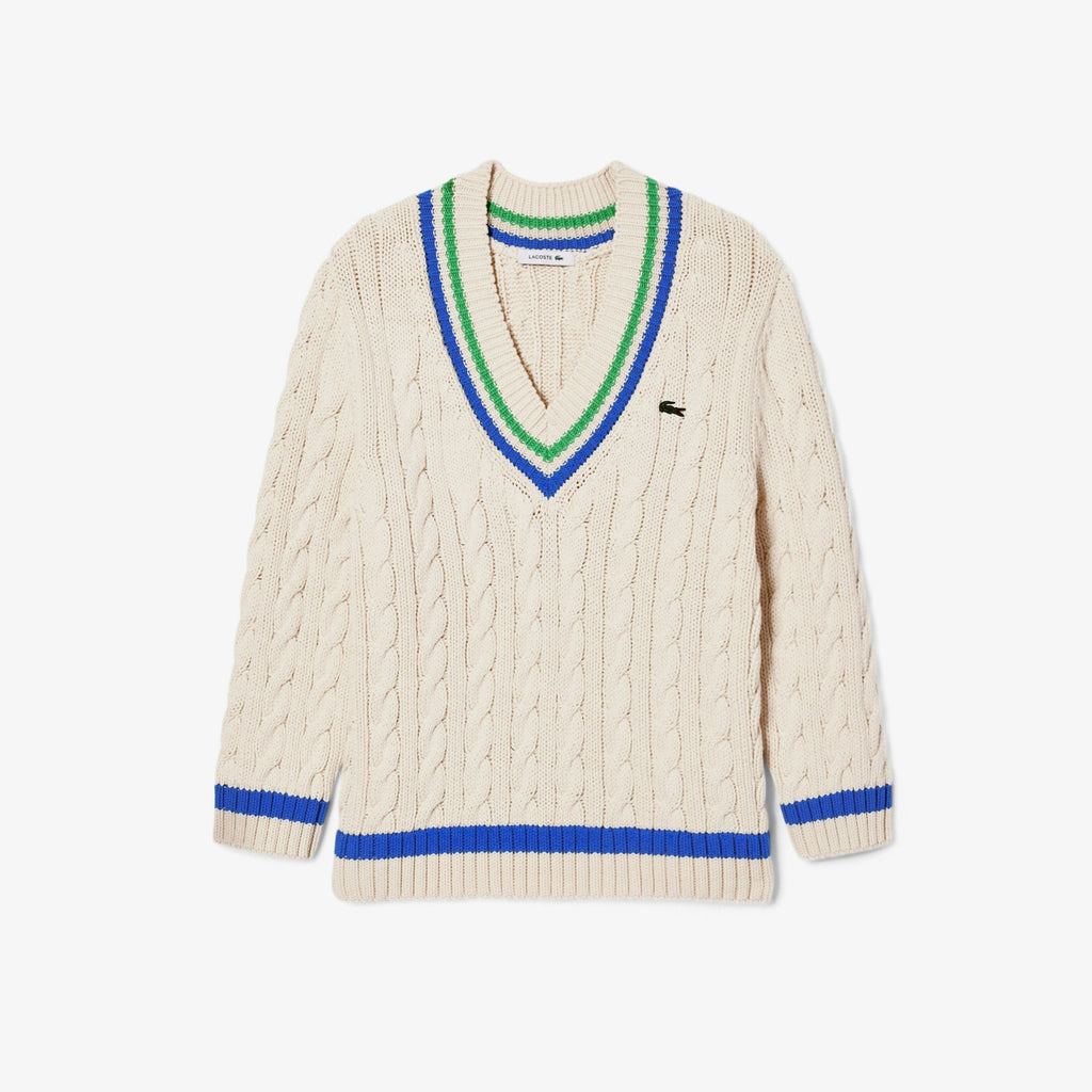 Lacoste V Neck Cable Knit Cotton Tennis Sweater