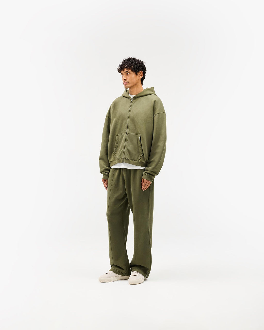 Initial Boxy Zip Through Hoodie - Army Green
