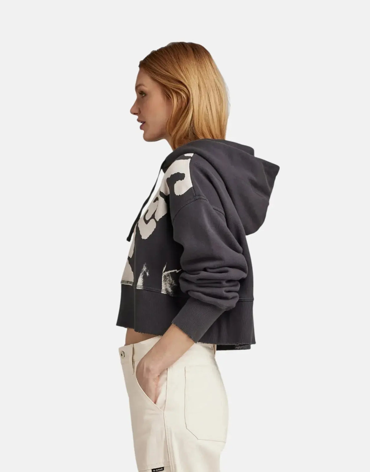 G-Star RAW Vintage Cropped Graphic Loose Hooded Grey Sweater - view 2