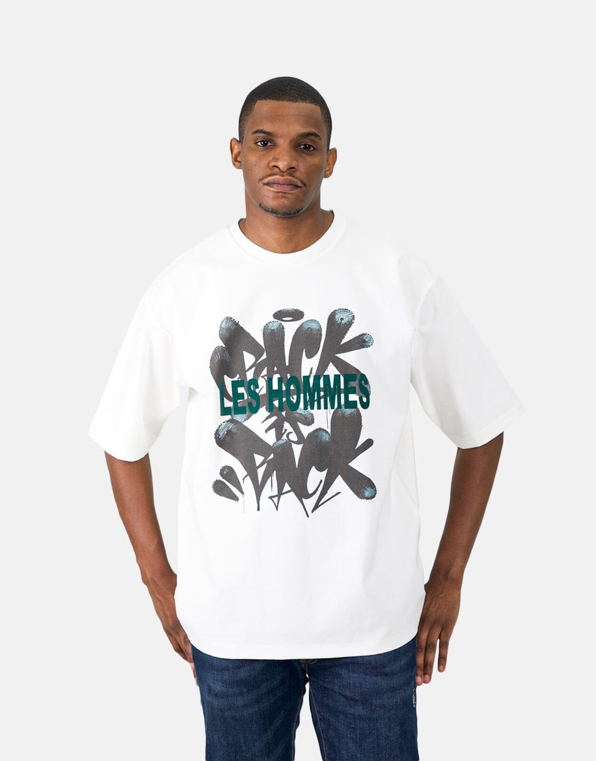 Les Hommes Flock Grafiti Print White T-Shirt