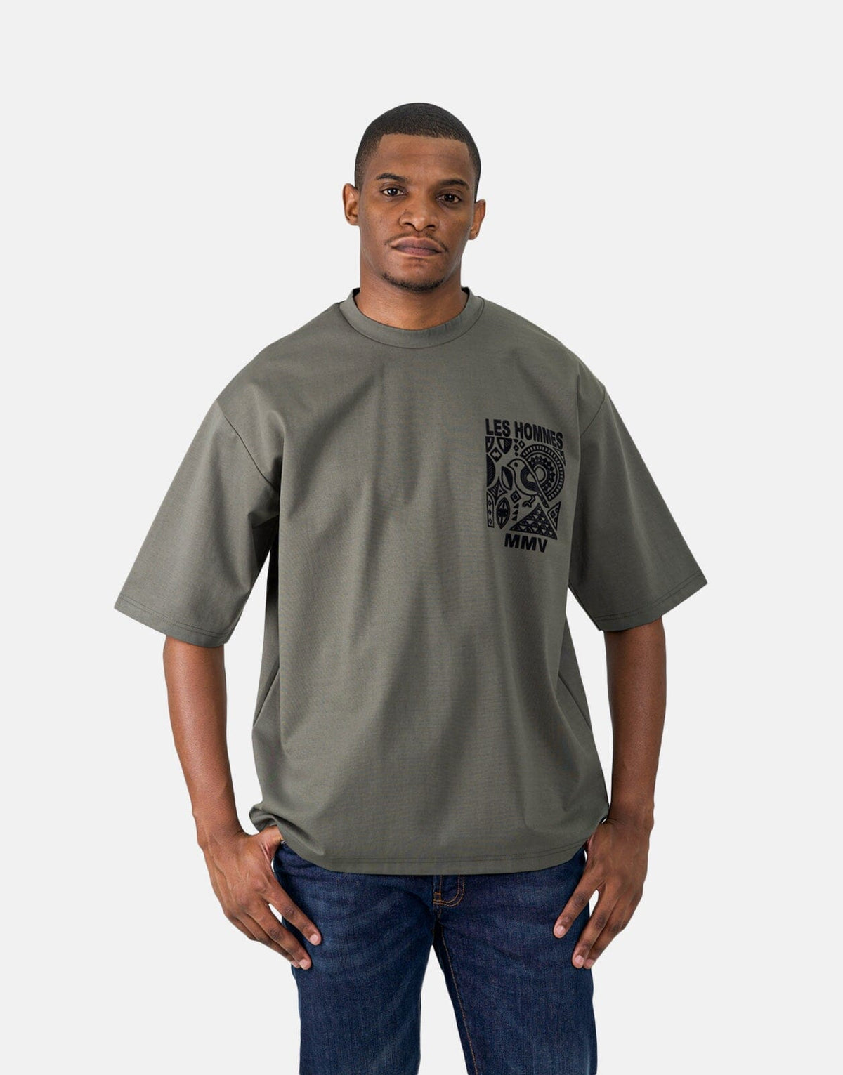 Les Hommes Flock Logo Mil Green T-Shirt