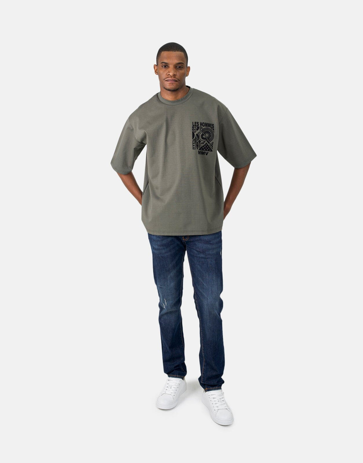 Les Hommes Flock Logo Mil Green T-Shirt - view 2