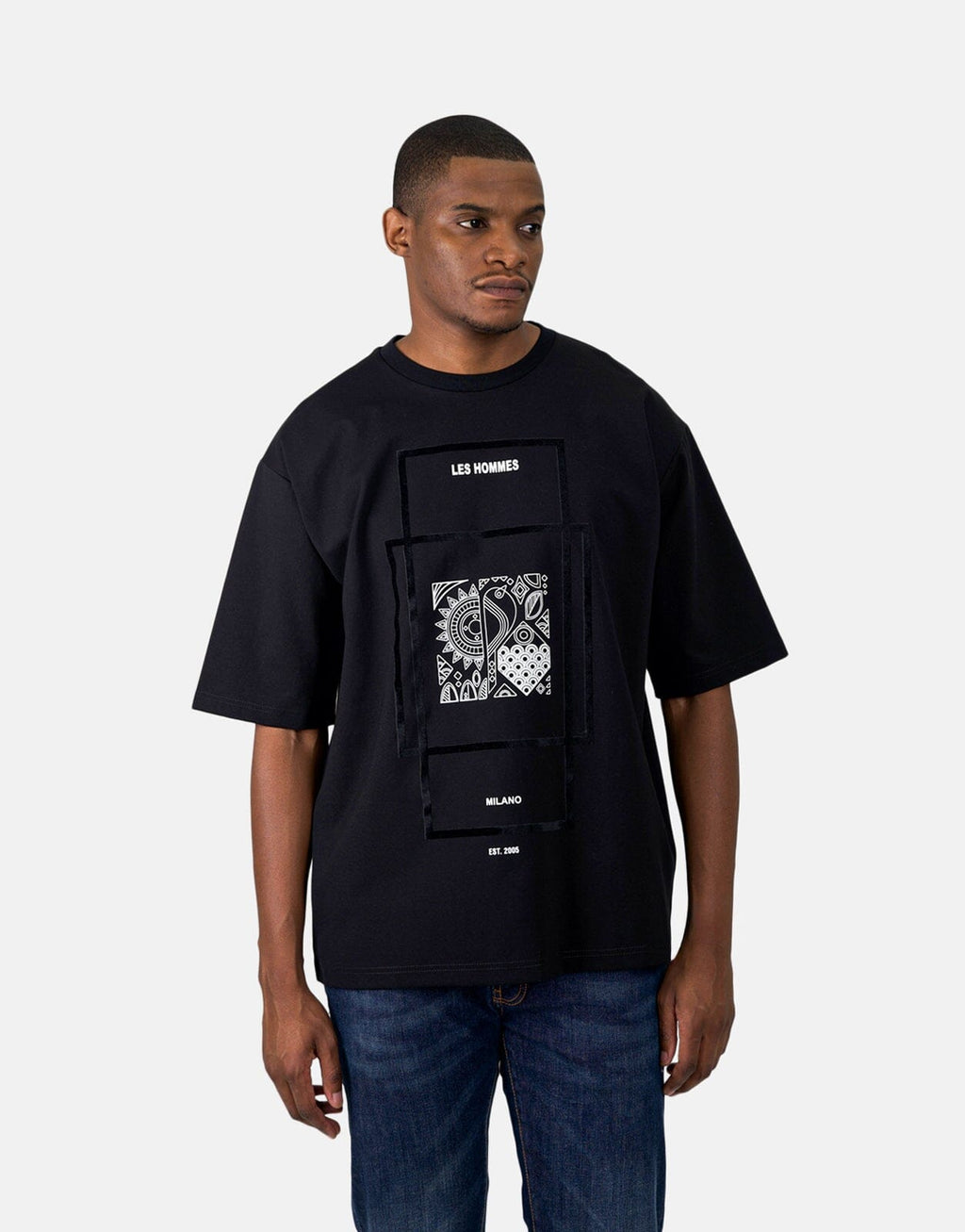Les Hommes Flock Print Oversized Black T-Shirt