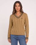 Polo Jane LS V-Neck Camel Cable Knitwear