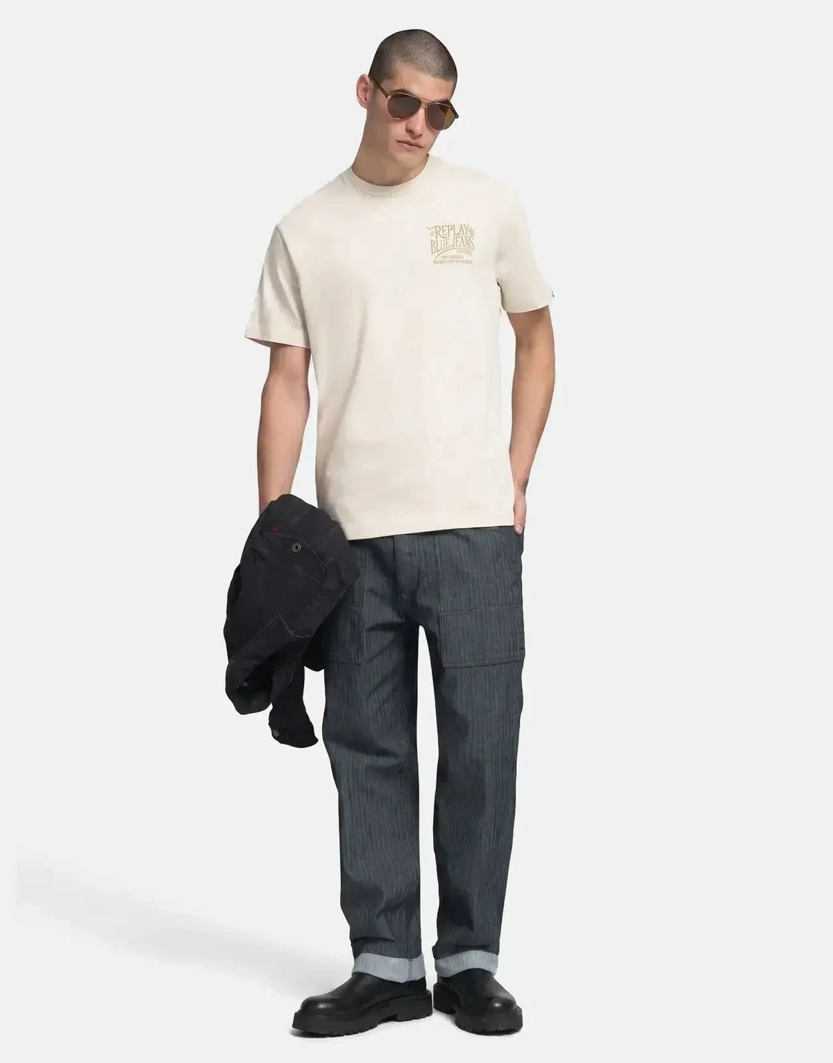 Replay Blue Jeans Side Stitch Print Natural T-Shirt - view 4