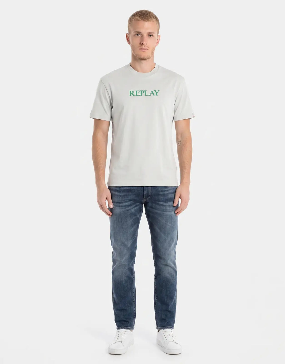 Replay Chest Green Font Grey T-Shirt
