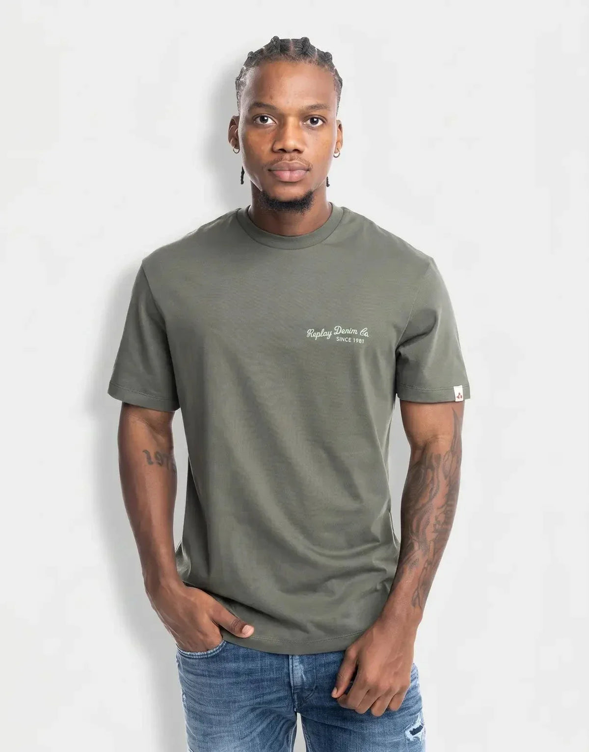 Replay Denim  CO Stitch Print Military Green T-Shirt
