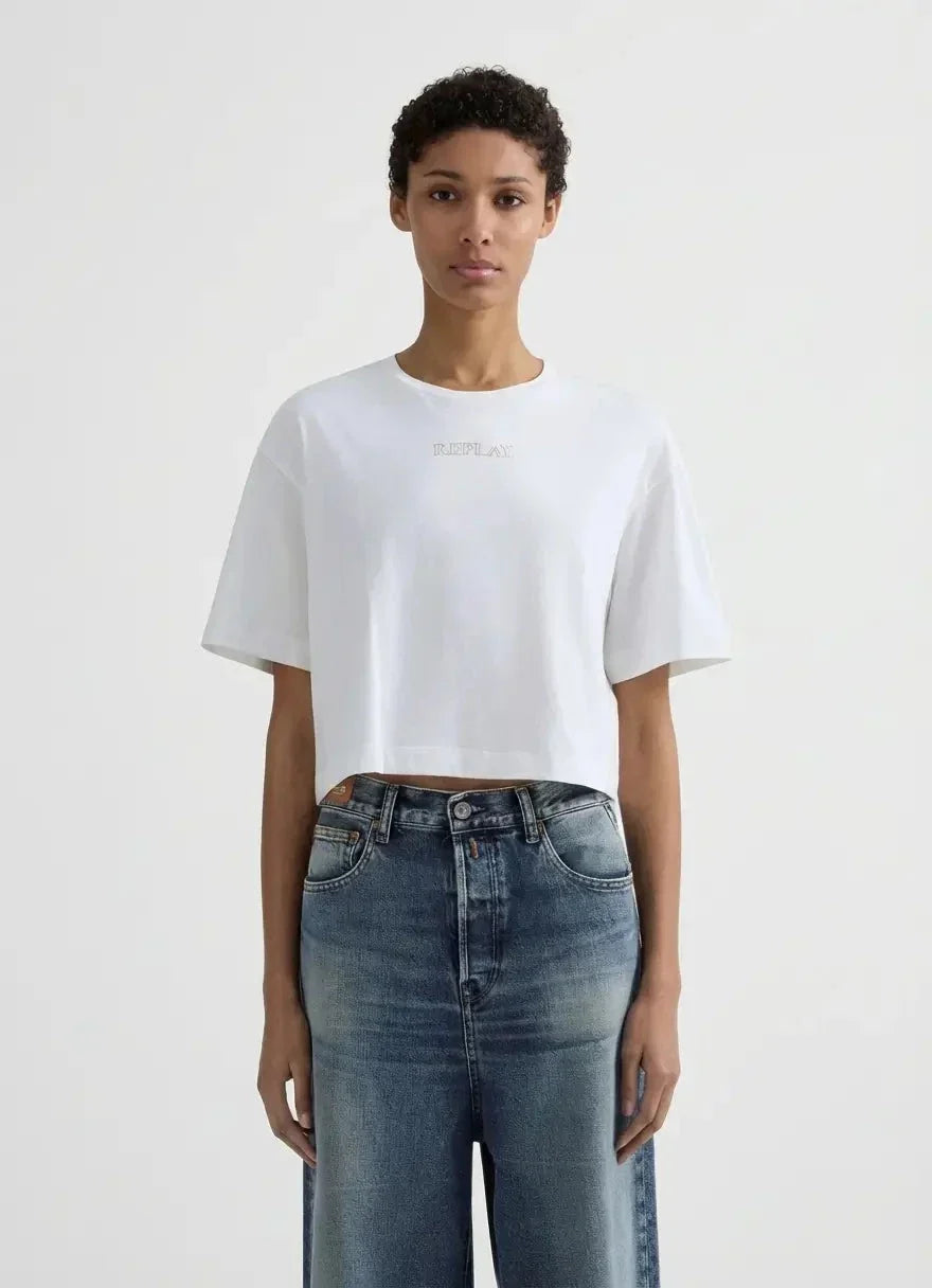 Replay Gold Trim Centre Logo Off White T-Shirt