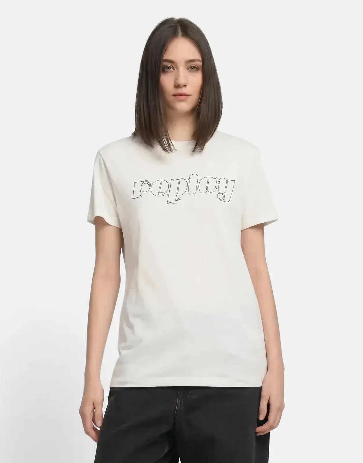 Replay Stitched Logo Font Natural White T-Shirt