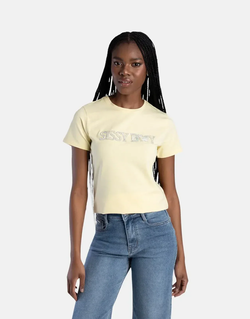 Sissy Boy Flower Embroidery Bling Logo Pale Yellow Top - view 3